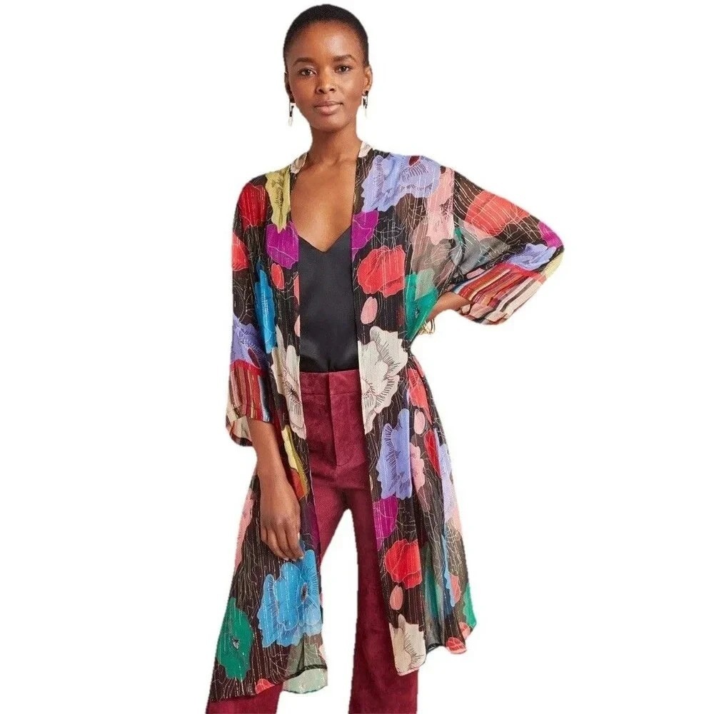 BL^NK LONDON Anthropologie Sz S/M Sheer Floral Shimmer Striped Kimono Festival